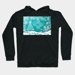 Pretty Xmas Tree and Snowflakes and Merry Christmas Greeting - on Aqua Hoodie